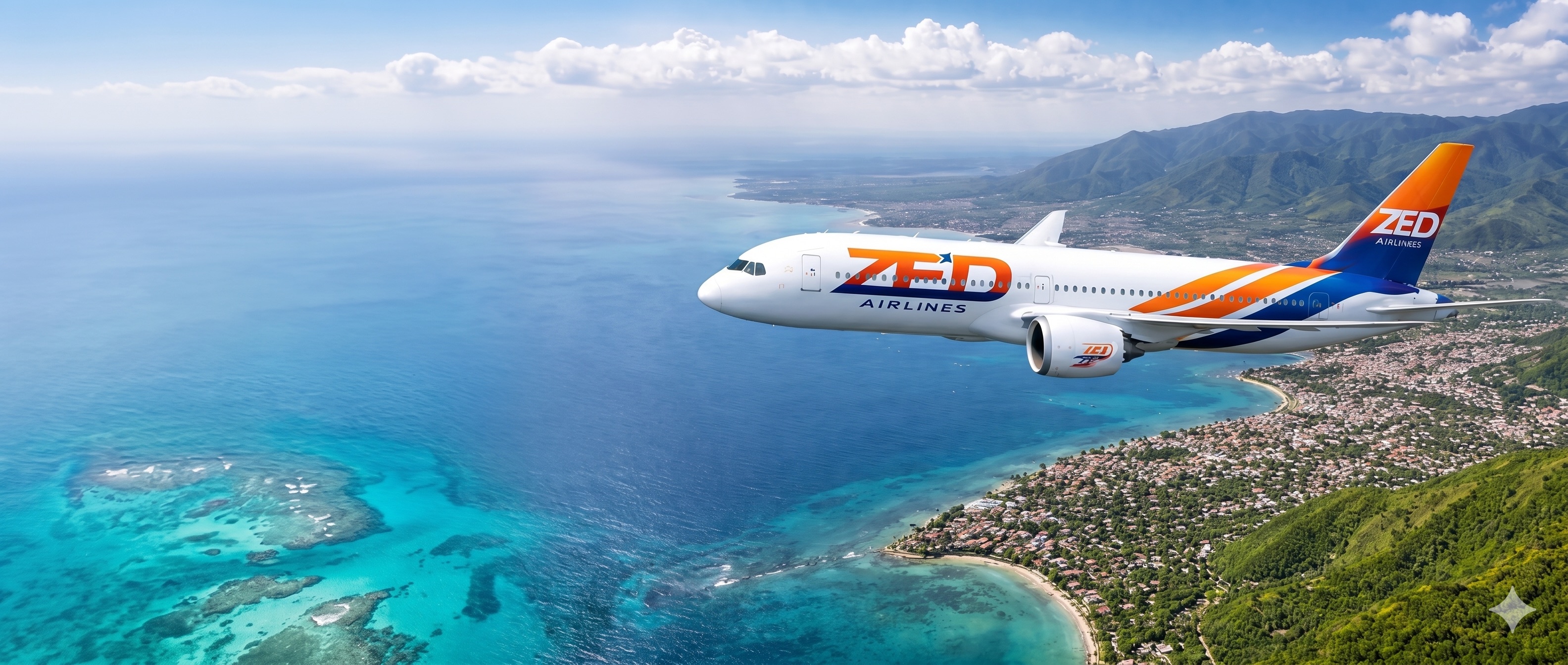 ZED Airlines aircraft flying over the Caribbean coast